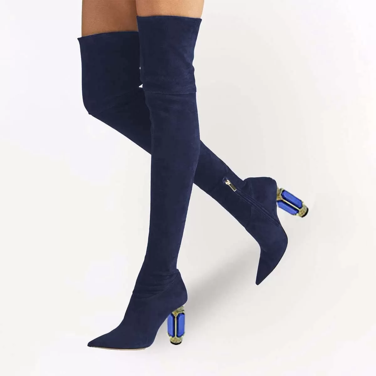 imageFSJ Women Winter Over The Knee Boots Crystal Chunky High Heel Stretch Thigh High Fashion Zipper Long Boots Warm Shoes Size 415 USNavy