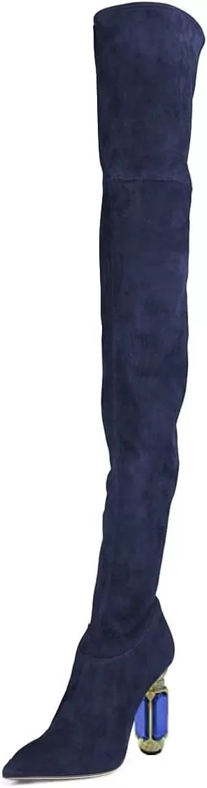 imageFSJ Women Winter Over The Knee Boots Crystal Chunky High Heel Stretch Thigh High Fashion Zipper Long Boots Warm Shoes Size 415 USNavy