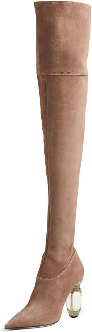 imageFSJ Women Winter Over The Knee Boots Crystal Chunky High Heel Stretch Thigh High Fashion Zipper Long Boots Warm Shoes Size 415 USNude