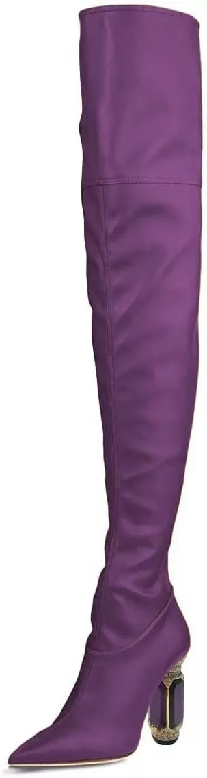 imageFSJ Women Winter Over The Knee Boots Crystal Chunky High Heel Stretch Thigh High Fashion Zipper Long Boots Warm Shoes Size 415 USPurple Pu