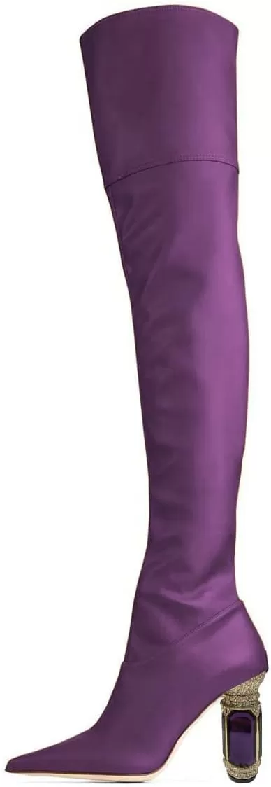 imageFSJ Women Winter Over The Knee Boots Crystal Chunky High Heel Stretch Thigh High Fashion Zipper Long Boots Warm Shoes Size 415 USPurple Pu
