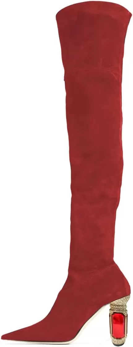 imageFSJ Women Winter Over The Knee Boots Crystal Chunky High Heel Stretch Thigh High Fashion Zipper Long Boots Warm Shoes Size 415 USRed