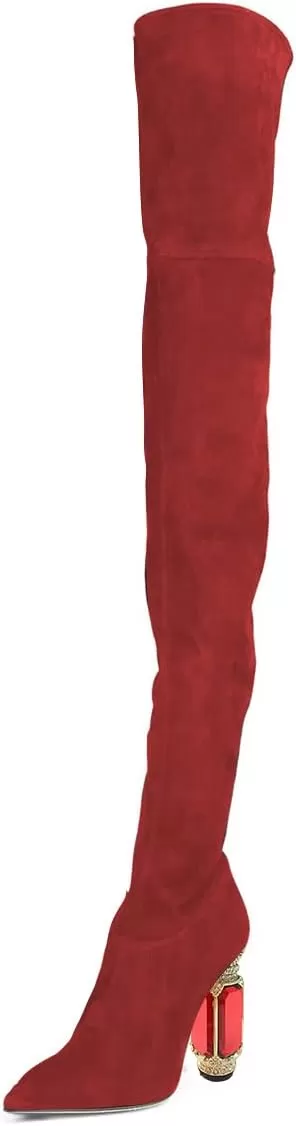 imageFSJ Women Winter Over The Knee Boots Crystal Chunky High Heel Stretch Thigh High Fashion Zipper Long Boots Warm Shoes Size 415 USRed