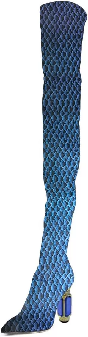 imageFSJ Women Winter Over The Knee Boots Crystal Chunky High Heel Stretch Thigh High Fashion Zipper Long Boots Warm Shoes Size 415 USScale Blue