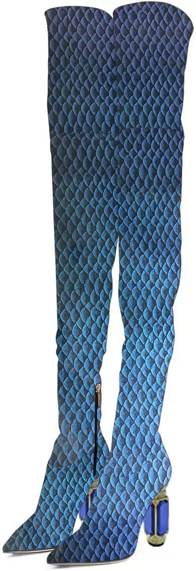 imageFSJ Women Winter Over The Knee Boots Crystal Chunky High Heel Stretch Thigh High Fashion Zipper Long Boots Warm Shoes Size 415 USScale Blue