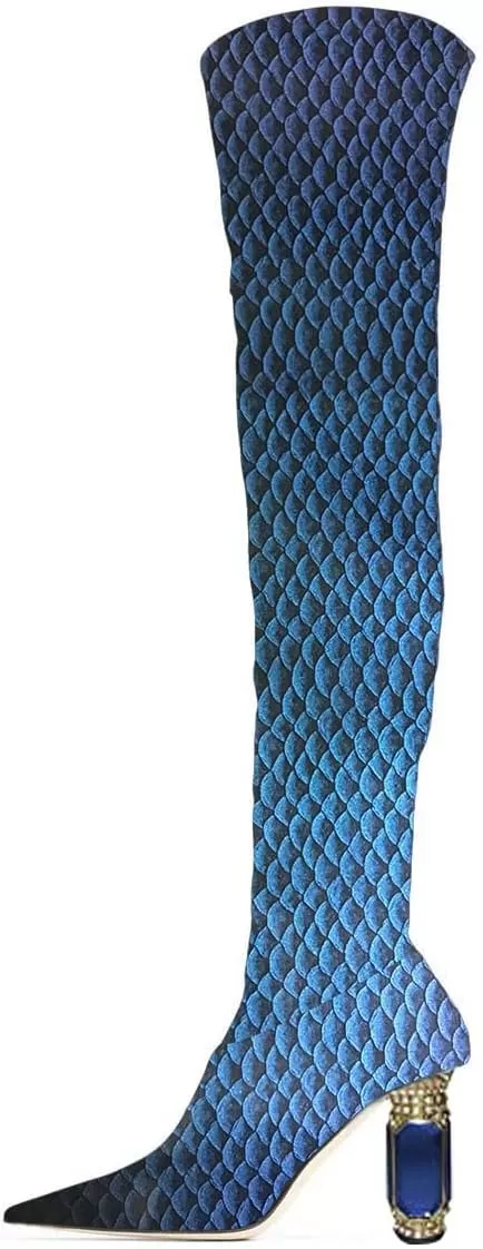 imageFSJ Women Winter Over The Knee Boots Crystal Chunky High Heel Stretch Thigh High Fashion Zipper Long Boots Warm Shoes Size 415 USScale Blue