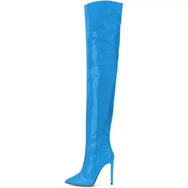 imageFSJ Women Fashion Pointed Toe Stiletto Heel Thigh High Over The Knee Boots Pull On Side Zipper Patent Leather Winter Shoes Size 415 USBlue