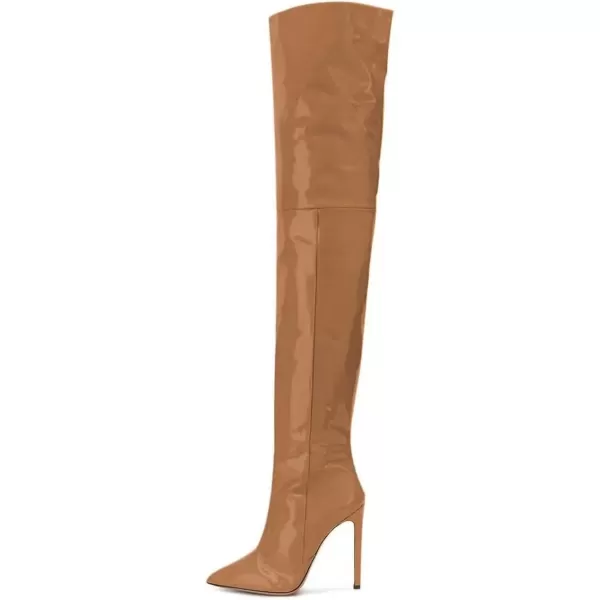 imageFSJ Women Fashion Pointed Toe Stiletto Heel Thigh High Over The Knee Boots Pull On Side Zipper Patent Leather Winter Shoes Size 415 USBrown