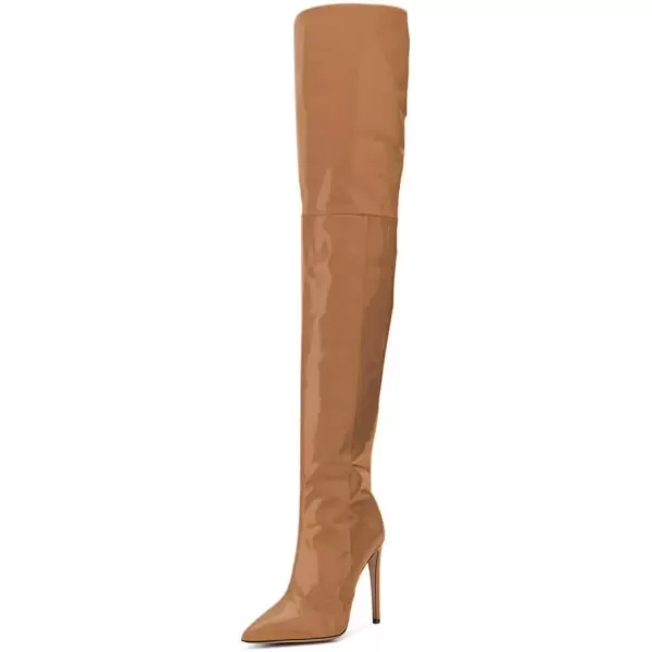 imageFSJ Women Fashion Pointed Toe Stiletto Heel Thigh High Over The Knee Boots Pull On Side Zipper Patent Leather Winter Shoes Size 415 USBrown