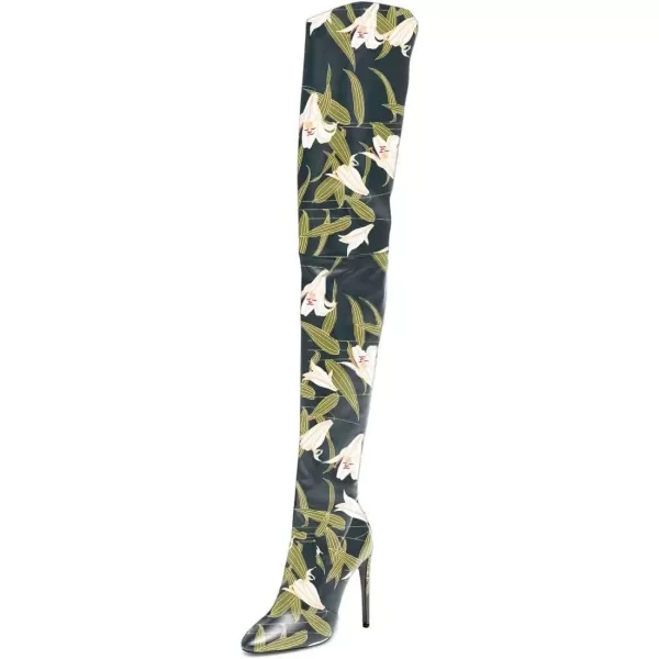 imageFSJ Women Fashion Pointed Toe Stiletto Heel Thigh High Over The Knee Boots Pull On Side Zipper Patent Leather Winter Shoes Size 415 USGreen Flower