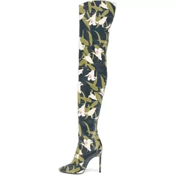imageFSJ Women Fashion Pointed Toe Stiletto Heel Thigh High Over The Knee Boots Pull On Side Zipper Patent Leather Winter Shoes Size 415 USGreen Flower