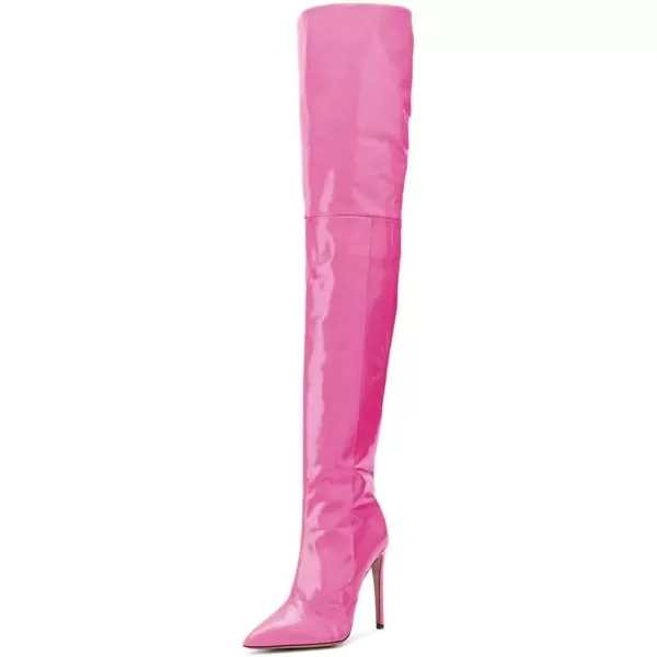 imageFSJ Women Fashion Pointed Toe Stiletto Heel Thigh High Over The Knee Boots Pull On Side Zipper Patent Leather Winter Shoes Size 415 USHot Pink