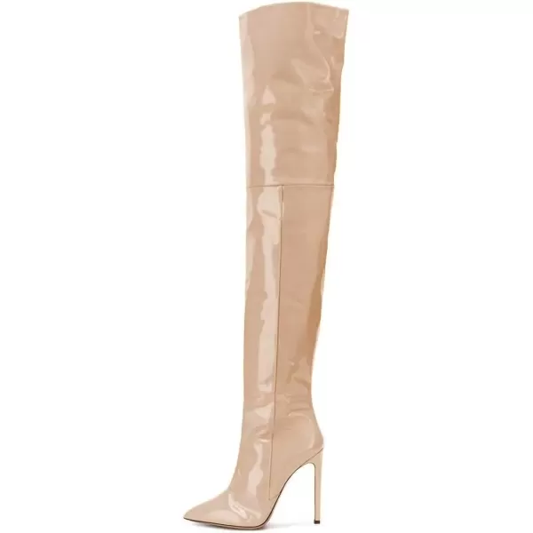 imageFSJ Women Fashion Pointed Toe Stiletto Heel Thigh High Over The Knee Boots Pull On Side Zipper Patent Leather Winter Shoes Size 415 USNude