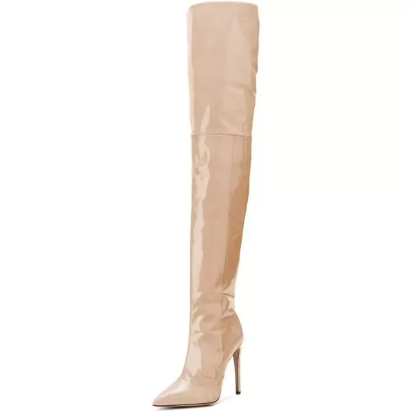 imageFSJ Women Fashion Pointed Toe Stiletto Heel Thigh High Over The Knee Boots Pull On Side Zipper Patent Leather Winter Shoes Size 415 USNude