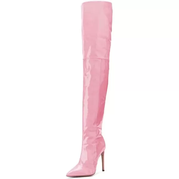 imageFSJ Women Fashion Pointed Toe Stiletto Heel Thigh High Over The Knee Boots Pull On Side Zipper Patent Leather Winter Shoes Size 415 USPink