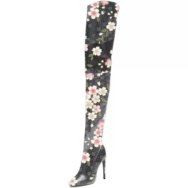 imageFSJ Women Fashion Pointed Toe Stiletto Heel Thigh High Over The Knee Boots Pull On Side Zipper Patent Leather Winter Shoes Size 415 USPink Flower