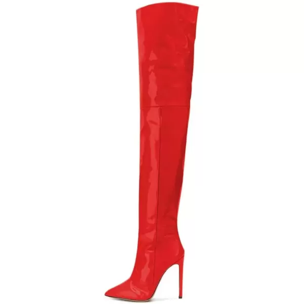 imageFSJ Women Fashion Pointed Toe Stiletto Heel Thigh High Over The Knee Boots Pull On Side Zipper Patent Leather Winter Shoes Size 415 USRed