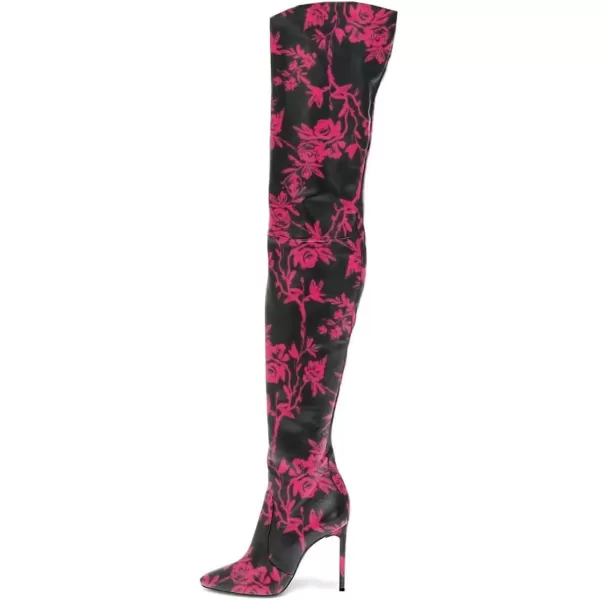 imageFSJ Women Fashion Pointed Toe Stiletto Heel Thigh High Over The Knee Boots Pull On Side Zipper Patent Leather Winter Shoes Size 415 USRed Flower