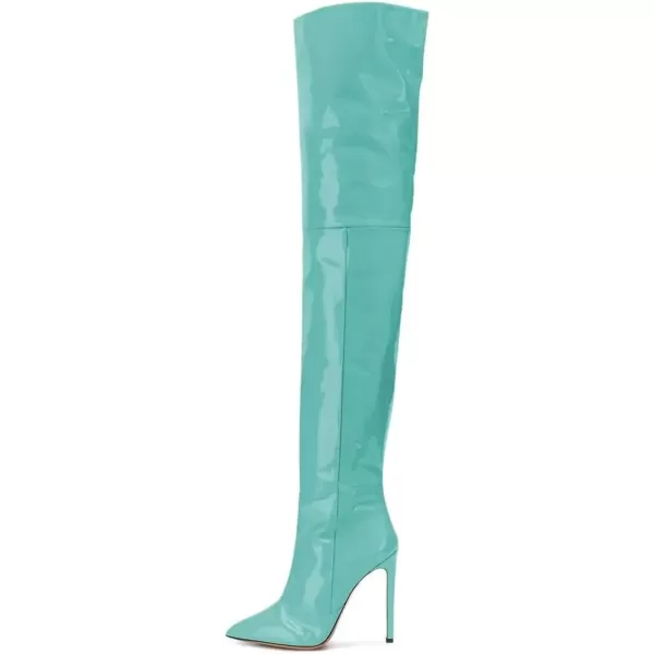 imageFSJ Women Fashion Pointed Toe Stiletto Heel Thigh High Over The Knee Boots Pull On Side Zipper Patent Leather Winter Shoes Size 415 USTurquoise