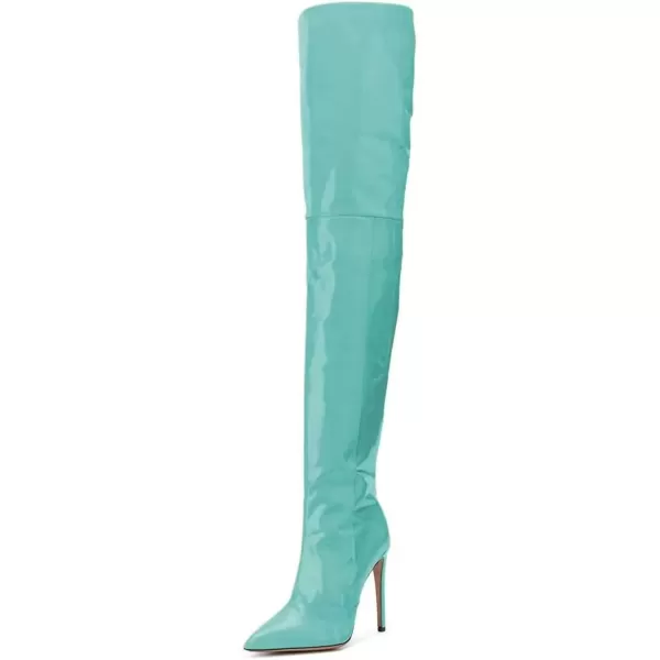 imageFSJ Women Fashion Pointed Toe Stiletto Heel Thigh High Over The Knee Boots Pull On Side Zipper Patent Leather Winter Shoes Size 415 USTurquoise