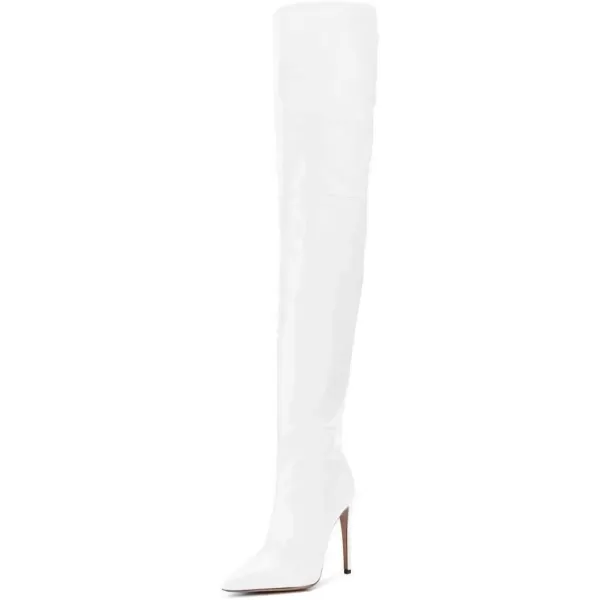 imageFSJ Women Fashion Pointed Toe Stiletto Heel Thigh High Over The Knee Boots Pull On Side Zipper Patent Leather Winter Shoes Size 415 USWhite