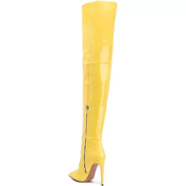 imageFSJ Women Fashion Pointed Toe Stiletto Heel Thigh High Over The Knee Boots Pull On Side Zipper Patent Leather Winter Shoes Size 415 USYellow