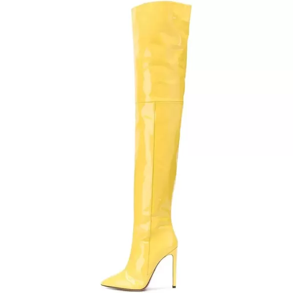 imageFSJ Women Fashion Pointed Toe Stiletto Heel Thigh High Over The Knee Boots Pull On Side Zipper Patent Leather Winter Shoes Size 415 USYellow