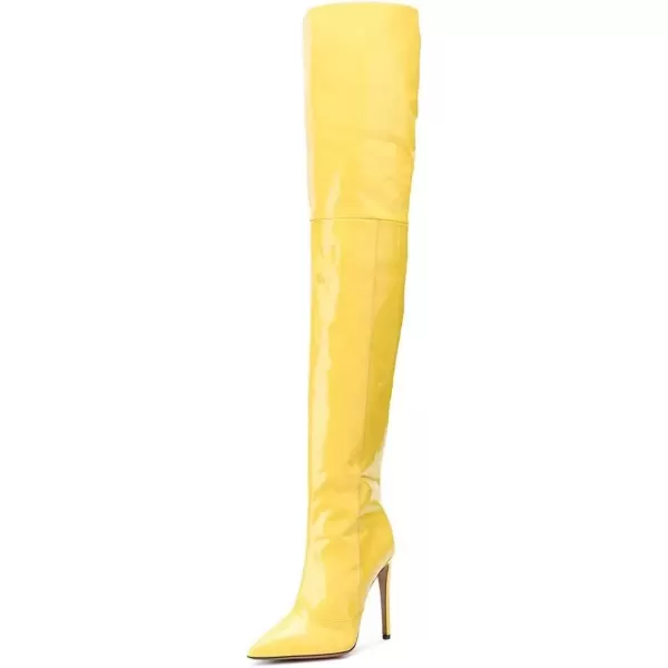 imageFSJ Women Fashion Pointed Toe Stiletto Heel Thigh High Over The Knee Boots Pull On Side Zipper Patent Leather Winter Shoes Size 415 USYellow