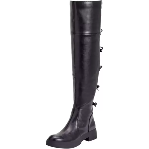 imageFSJ Women Over The Knee Boots Round Toe Side Zipper Low Block Heel Flat Long Booties Small Bow Decor Fashion Dress Thigh High Boots Size 415 USBlack