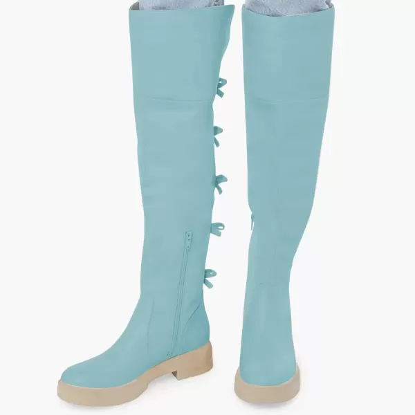 imageFSJ Women Over The Knee Boots Round Toe Side Zipper Low Block Heel Flat Long Booties Small Bow Decor Fashion Dress Thigh High Boots Size 415 USBlue
