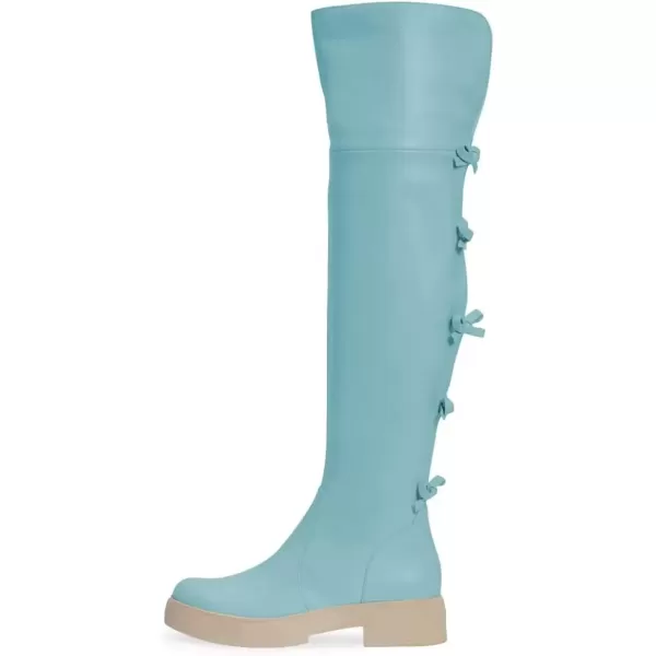 imageFSJ Women Over The Knee Boots Round Toe Side Zipper Low Block Heel Flat Long Booties Small Bow Decor Fashion Dress Thigh High Boots Size 415 USBlue