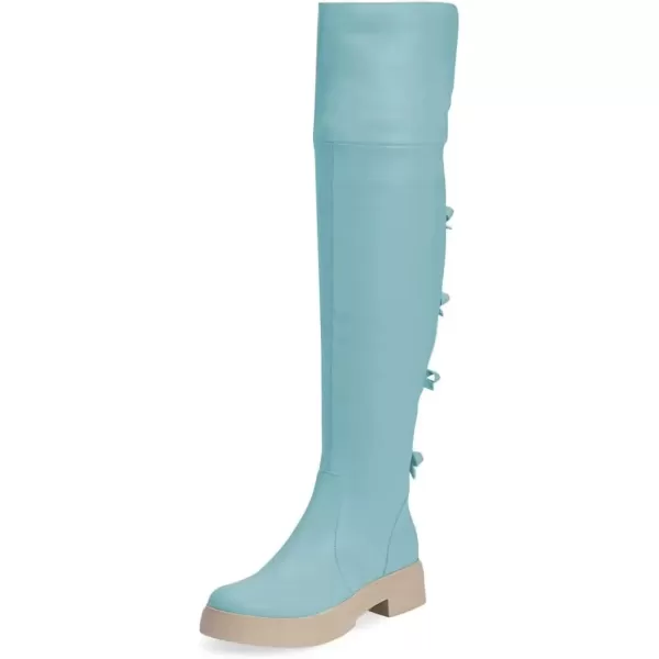 imageFSJ Women Over The Knee Boots Round Toe Side Zipper Low Block Heel Flat Long Booties Small Bow Decor Fashion Dress Thigh High Boots Size 415 USBlue