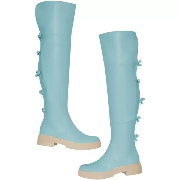 imageFSJ Women Over The Knee Boots Round Toe Side Zipper Low Block Heel Flat Long Booties Small Bow Decor Fashion Dress Thigh High Boots Size 415 USBlue