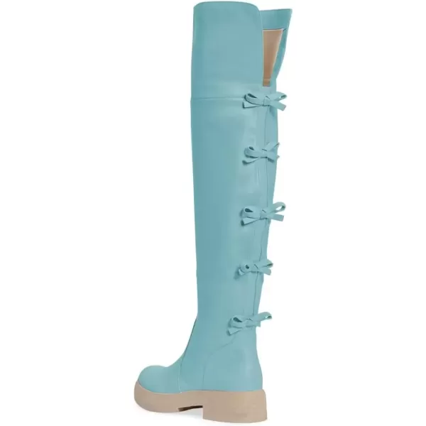 imageFSJ Women Over The Knee Boots Round Toe Side Zipper Low Block Heel Flat Long Booties Small Bow Decor Fashion Dress Thigh High Boots Size 415 USBlue