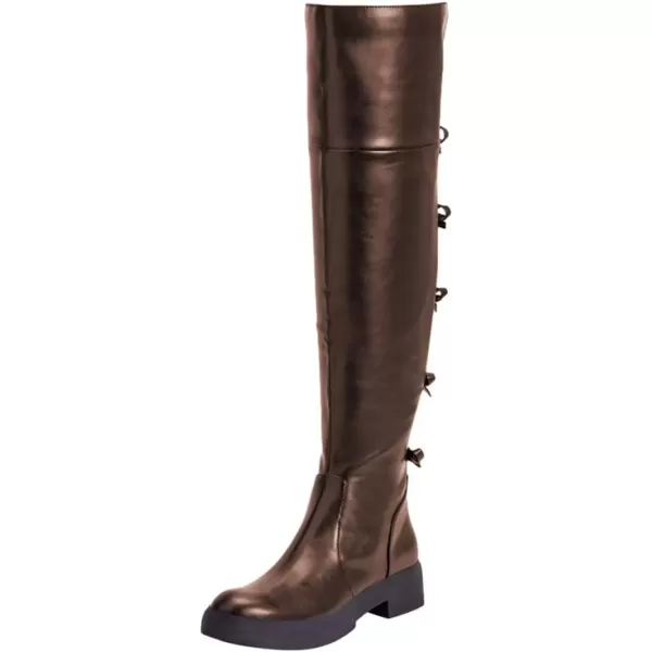 imageFSJ Women Over The Knee Boots Round Toe Side Zipper Low Block Heel Flat Long Booties Small Bow Decor Fashion Dress Thigh High Boots Size 415 USBrown