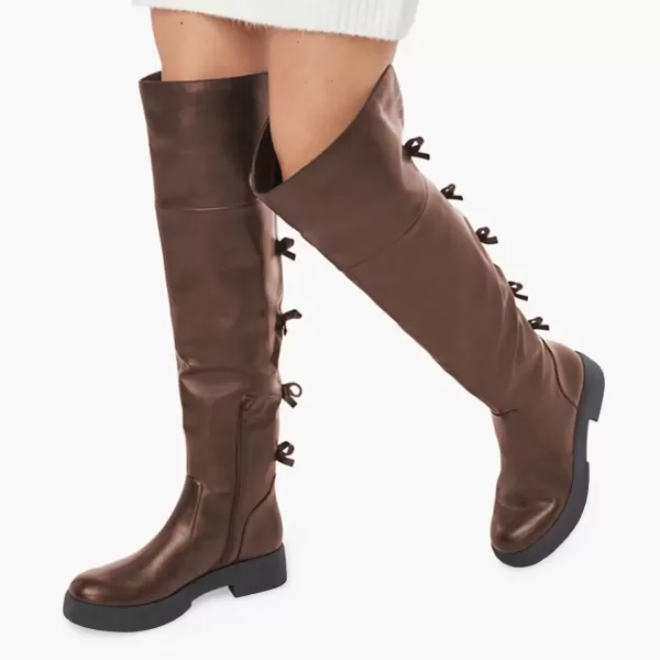 imageFSJ Women Over The Knee Boots Round Toe Side Zipper Low Block Heel Flat Long Booties Small Bow Decor Fashion Dress Thigh High Boots Size 415 USBrown