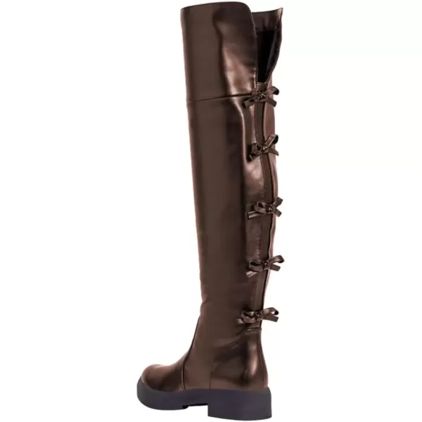 imageFSJ Women Over The Knee Boots Round Toe Side Zipper Low Block Heel Flat Long Booties Small Bow Decor Fashion Dress Thigh High Boots Size 415 USBrown