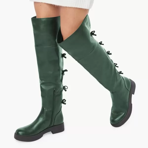 imageFSJ Women Over The Knee Boots Round Toe Side Zipper Low Block Heel Flat Long Booties Small Bow Decor Fashion Dress Thigh High Boots Size 415 USDark Green
