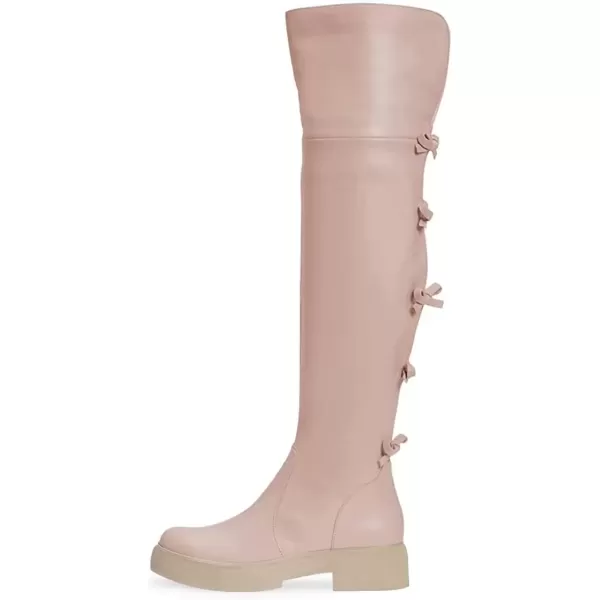 imageFSJ Women Over The Knee Boots Round Toe Side Zipper Low Block Heel Flat Long Booties Small Bow Decor Fashion Dress Thigh High Boots Size 415 USPink