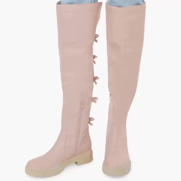 imageFSJ Women Over The Knee Boots Round Toe Side Zipper Low Block Heel Flat Long Booties Small Bow Decor Fashion Dress Thigh High Boots Size 415 USPink