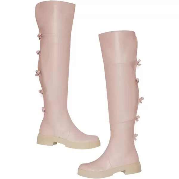 imageFSJ Women Over The Knee Boots Round Toe Side Zipper Low Block Heel Flat Long Booties Small Bow Decor Fashion Dress Thigh High Boots Size 415 USPink
