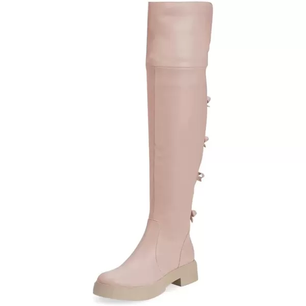 imageFSJ Women Over The Knee Boots Round Toe Side Zipper Low Block Heel Flat Long Booties Small Bow Decor Fashion Dress Thigh High Boots Size 415 USPink