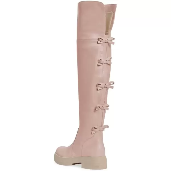 imageFSJ Women Over The Knee Boots Round Toe Side Zipper Low Block Heel Flat Long Booties Small Bow Decor Fashion Dress Thigh High Boots Size 415 USPink