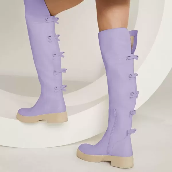 imageFSJ Women Over The Knee Boots Round Toe Side Zipper Low Block Heel Flat Long Booties Small Bow Decor Fashion Dress Thigh High Boots Size 415 USPurple