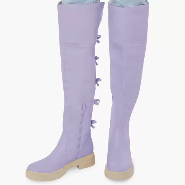 imageFSJ Women Over The Knee Boots Round Toe Side Zipper Low Block Heel Flat Long Booties Small Bow Decor Fashion Dress Thigh High Boots Size 415 USPurple