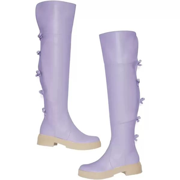 imageFSJ Women Over The Knee Boots Round Toe Side Zipper Low Block Heel Flat Long Booties Small Bow Decor Fashion Dress Thigh High Boots Size 415 USPurple