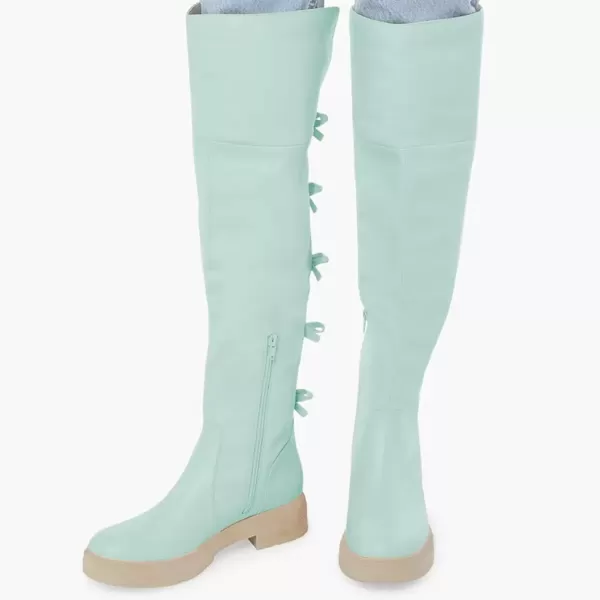 imageFSJ Women Over The Knee Boots Round Toe Side Zipper Low Block Heel Flat Long Booties Small Bow Decor Fashion Dress Thigh High Boots Size 415 USTurquoise