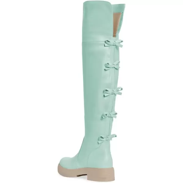 imageFSJ Women Over The Knee Boots Round Toe Side Zipper Low Block Heel Flat Long Booties Small Bow Decor Fashion Dress Thigh High Boots Size 415 USTurquoise