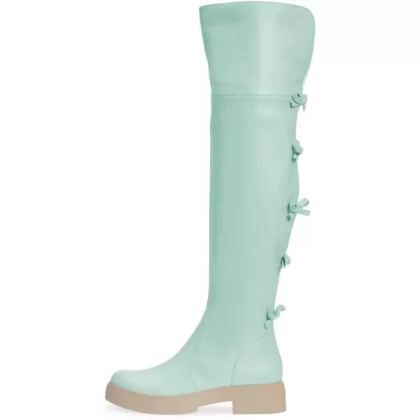 imageFSJ Women Over The Knee Boots Round Toe Side Zipper Low Block Heel Flat Long Booties Small Bow Decor Fashion Dress Thigh High Boots Size 415 USTurquoise