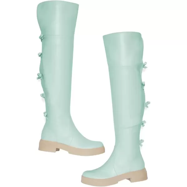 imageFSJ Women Over The Knee Boots Round Toe Side Zipper Low Block Heel Flat Long Booties Small Bow Decor Fashion Dress Thigh High Boots Size 415 USTurquoise